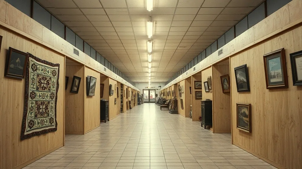 The centre aisle of the mall before opening, plywood booth walls hung with quilts and framed pictures under strip lights.