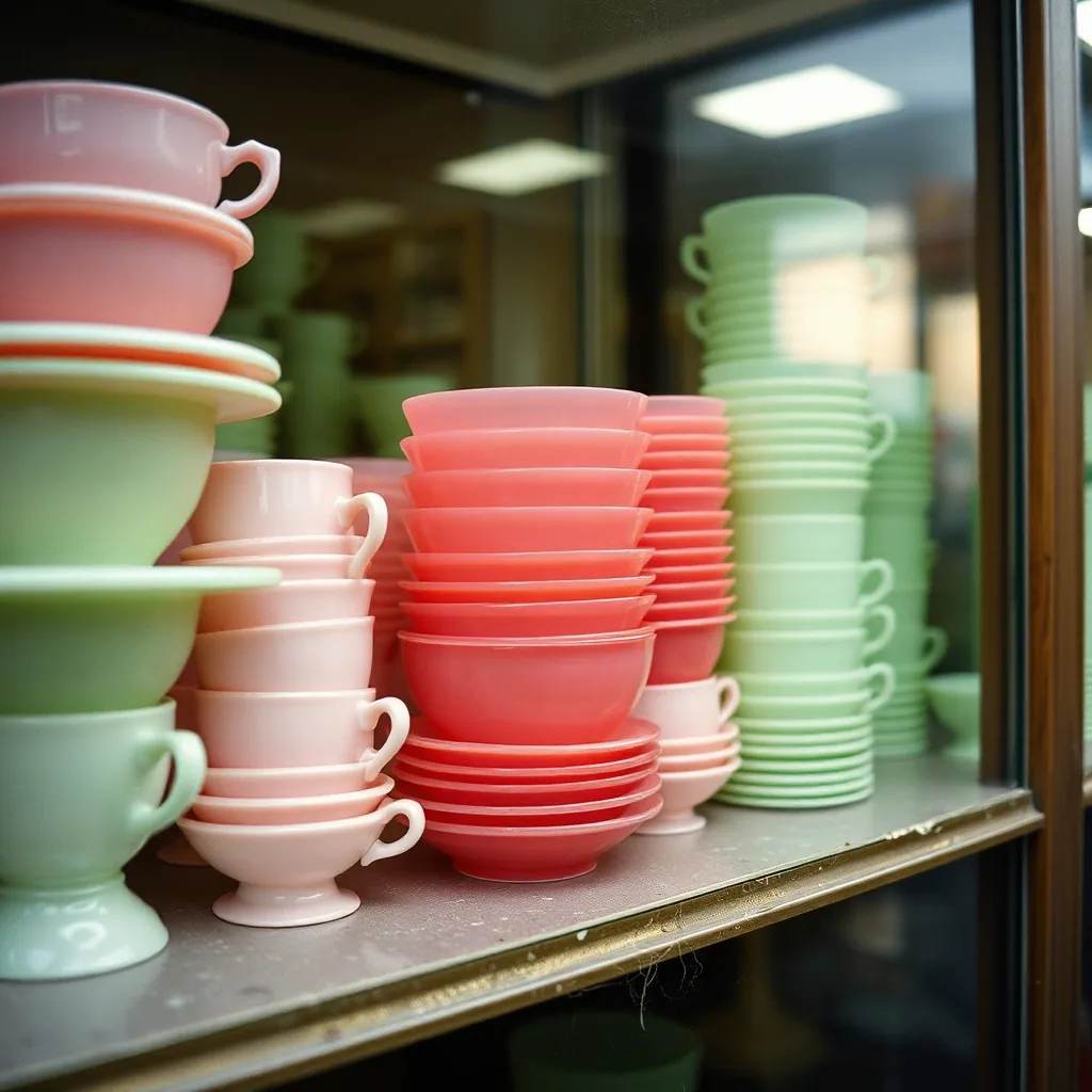 Stacked pink and green glass cups and bowls along a shop window ledge.