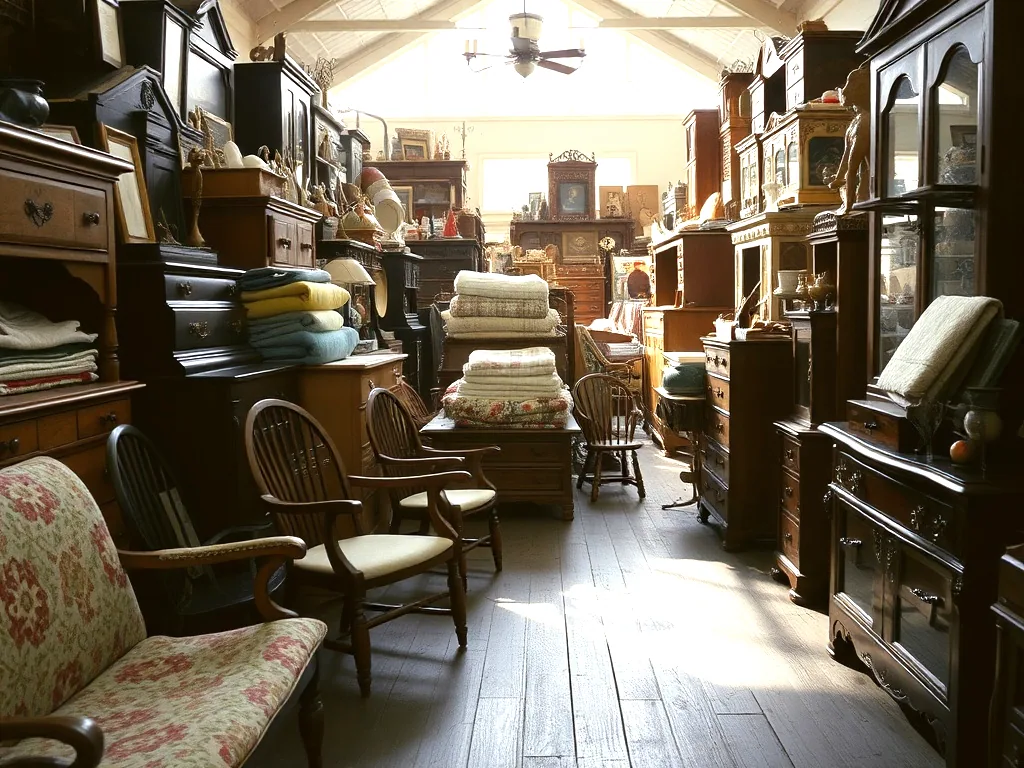 A booth packed with oak dressers, pressback chairs and folded quilts, lit from a high window.