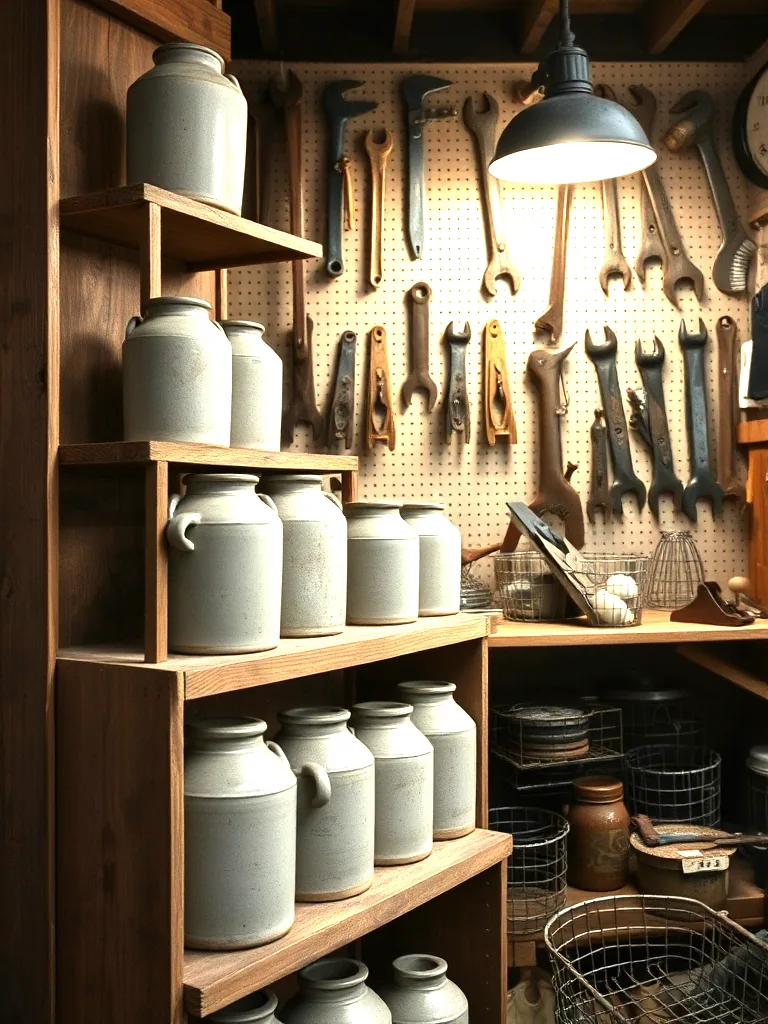 Stoneware crocks on a wooden shelf with hand planes and wrenches hung on pegboard behind.